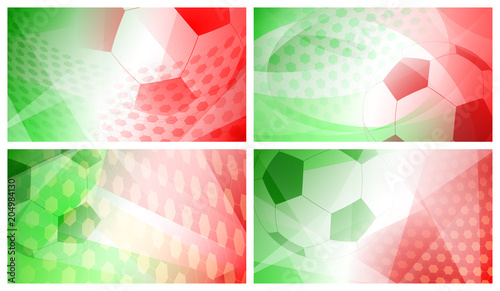 Set of four football or soccer abstract backgrounds with big ball in national colors of Italy or Mexico