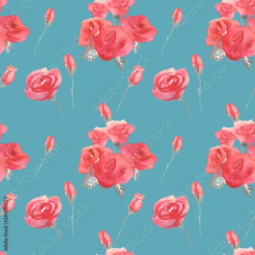 Roses flowers and buds pink blue vintage seamless pattern background