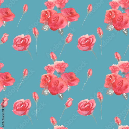 Roses flowers and buds pink blue vintage seamless pattern background © RivusDea