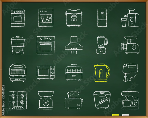 Kitchen Appliance chalk draw line icons vector set