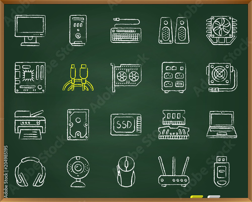 Computer chalk draw line icons vector set
