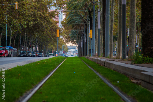 Barcelona railway with green grass background. Eco transportation.