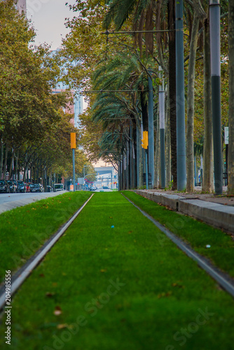 Barcelona railway with green grass background. Eco transportation.