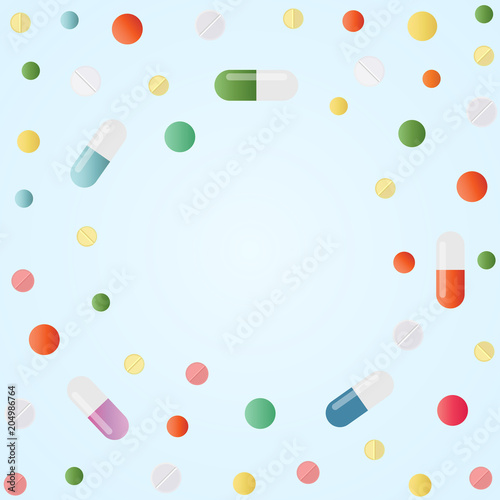 Assorted pharmaceutical medicine pills, drugs, tablets, capsules vitamins. Vector illustration on blue background, with copy space.