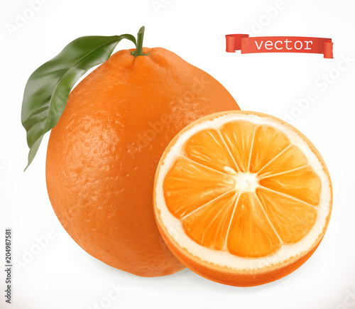 Orange. Fresh fruit 3d realistic vector icon