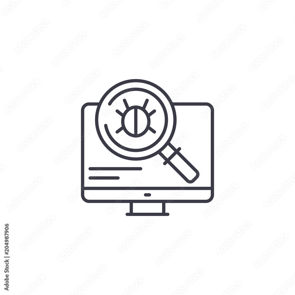 Bugs finding linear icon concept. Bugs finding line vector sign, symbol, illustration. Bugs finding linear icon concept. Bugs finding line vector sign, symbol, illustration.