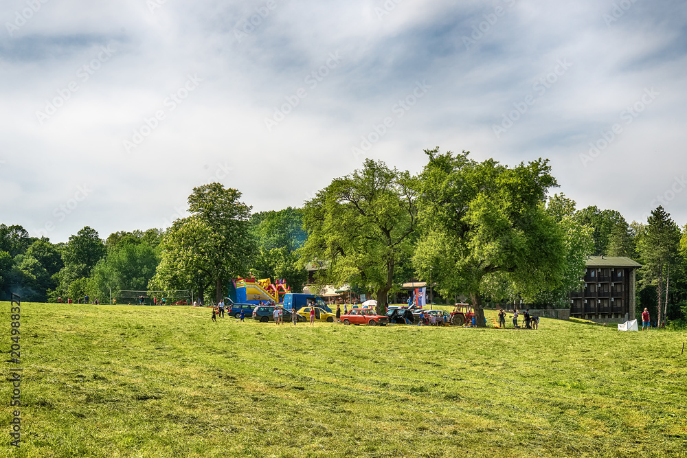 Fototapeta premium Fruska Gora, Serbia May 01, 2018: International Labor Day. People celebrate the holiday in the forest. This is located for Fruska Gora and Andrevlje.