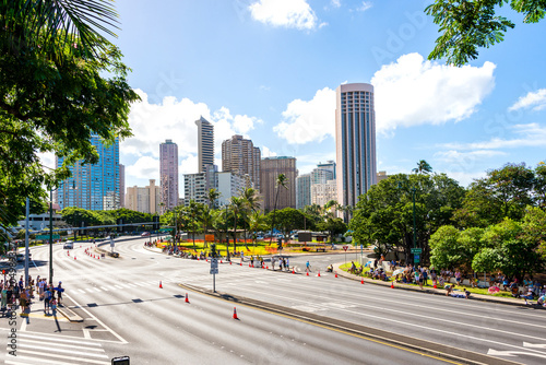 Aerial skyline view of Honolulu, the hotels and buildings on Waikiki Beach photo