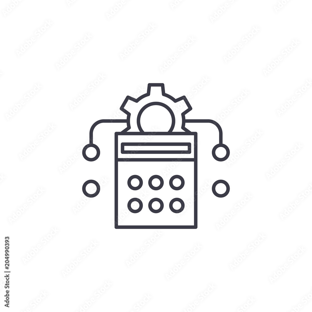 Calculation of production linear icon concept. Calculation of production line vector sign, symbol, illustration.