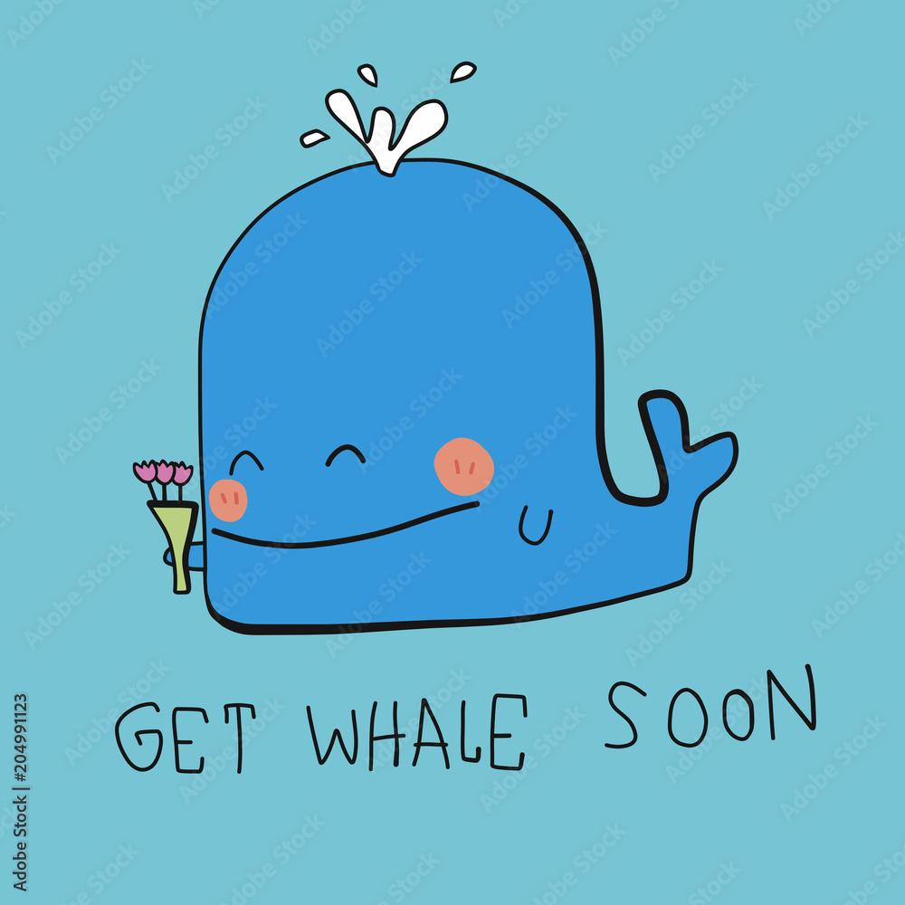 Fototapeta premium Pobierz Whale Soon słowo i kreskówka wektor ilustracja doodle styl
