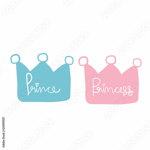 Prince and princess crown cartoon pink and blue pastel vector illustration