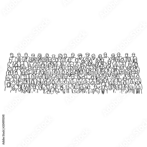 doodle crowd business people on meeting room vector illustration sketch hand drawn with black lines isolated on white background
