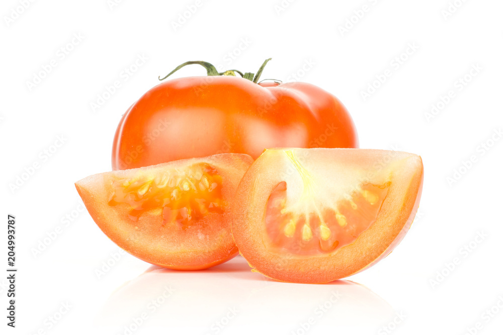 Red tomato and two slices isolated on white background fresh. Red tomato and two slices isolated on white background fresh.