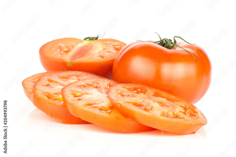 Sliced red tomato isolated on white background one whole one half and three circle slices. Sliced red tomato isolated on white background one whole one half and three circle slices.
