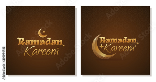 Greeting card set for Ramadan Kareem. Traditional wish with islamic symbol crescent. Golden greeting inscription on a dark brown background with traditional arabic ornament. Vector illustration