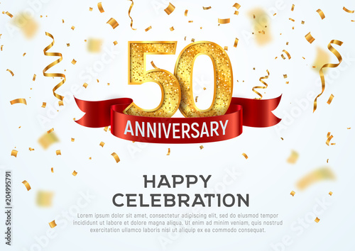 50 years anniversary vector banner template. Fifty year jubilee with red ribbon and confetti on white background