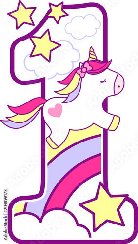 number 1 with cute unicorn and rainbow. can be used for baby birth announcements, nursery decoration, party theme or birthday invitation. Design for baby and children