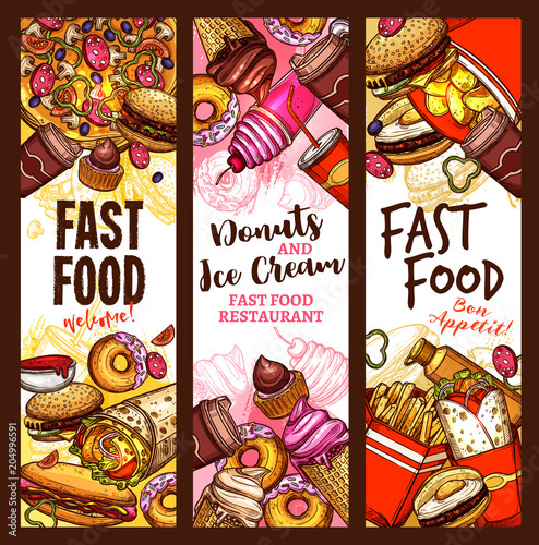 Fast food burger, drink and dessert sketch banner