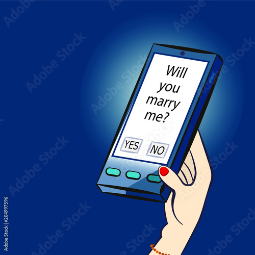 Nice illustration representing the changing of the human communication via new technologies. SMS with question "Will you marry me?" Vector cartoon illustration.