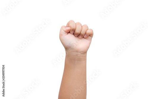 Children Boy hand showing fist as rock paper sign on white background © Siam