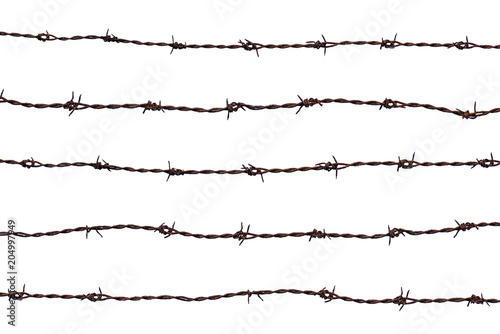Five pieces of rusty barbed wire isolated on white background.