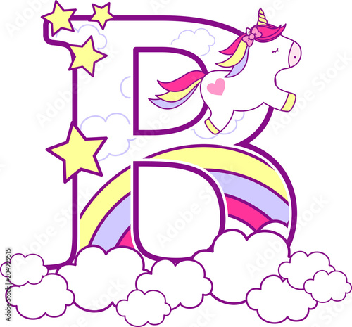 initial b with cute unicorn and rainbow. can be used for baby birth announcements, nursery decoration, party theme or birthday invitation. Design for baby and children