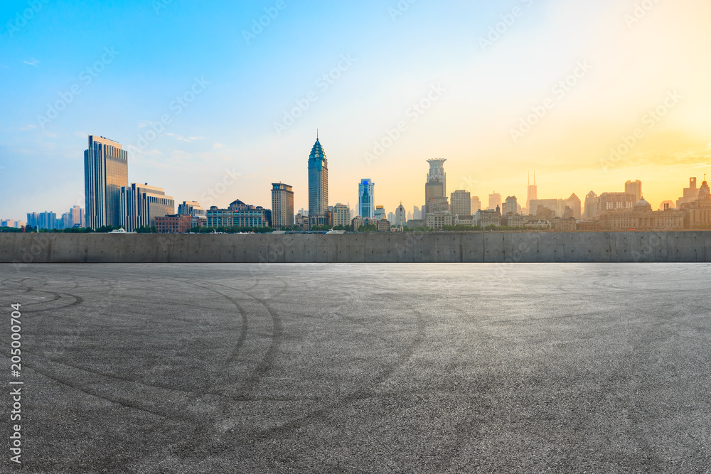 empty asphalt road and historic building scene at sunset in shanghai empty asphalt road and historic building scene at sunset in shanghai