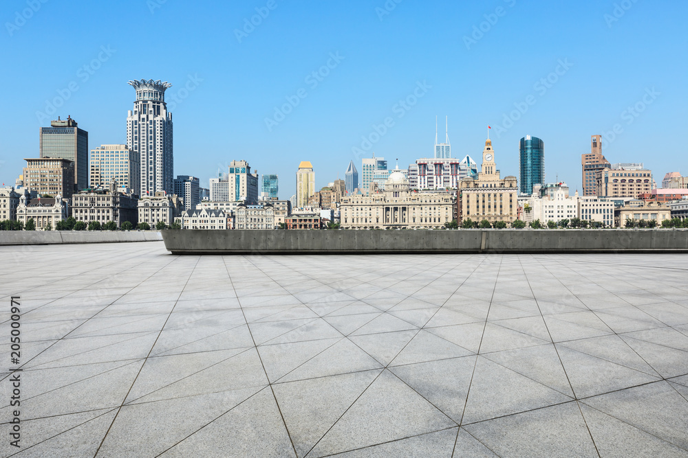 shanghai historic building and empty square floor on huangpu river