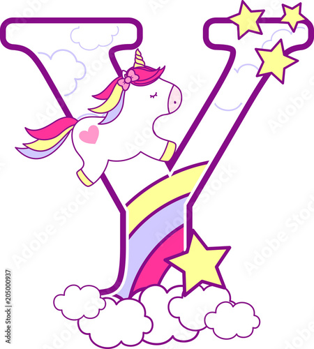 initial y with cute unicorn and rainbow. can be used for baby birth announcements, nursery decoration, party theme or birthday invitation. Design for baby and children