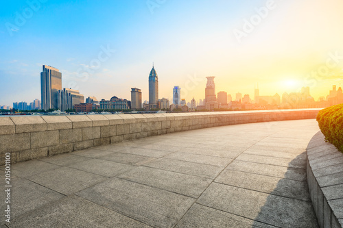 shanghai historic building at sunset on huangpu river and empty square floor © ABCDstock