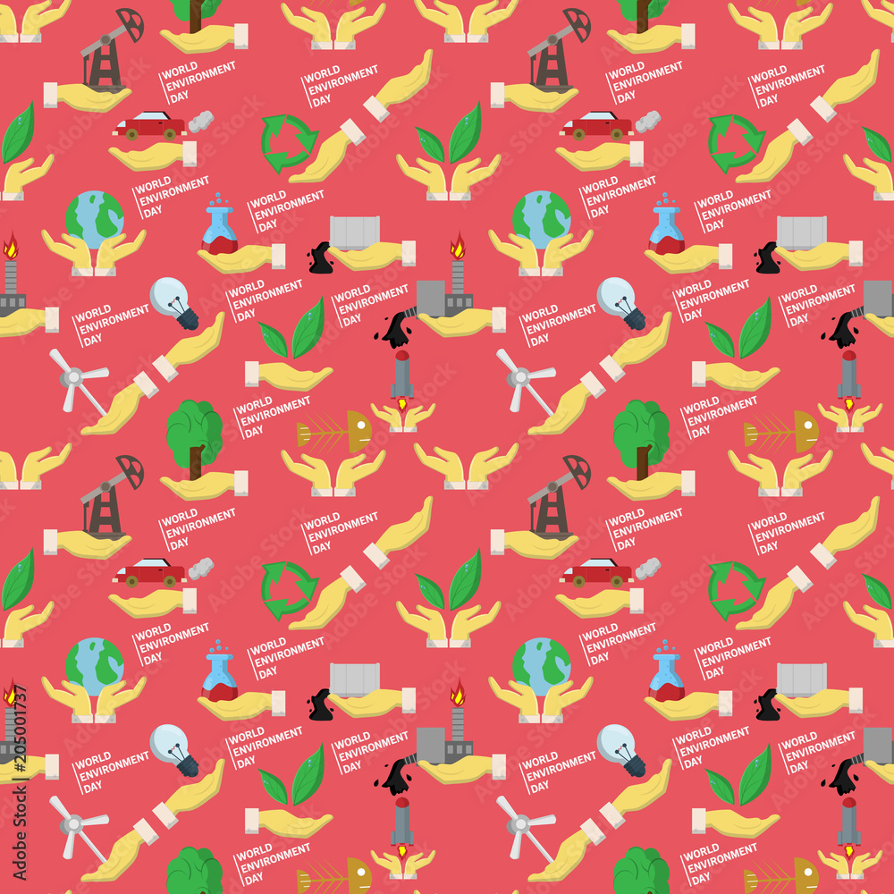 seamless pattern flat_3_ of elements for design palm holds various items of human activities the theme for world environment day, the background is isolated