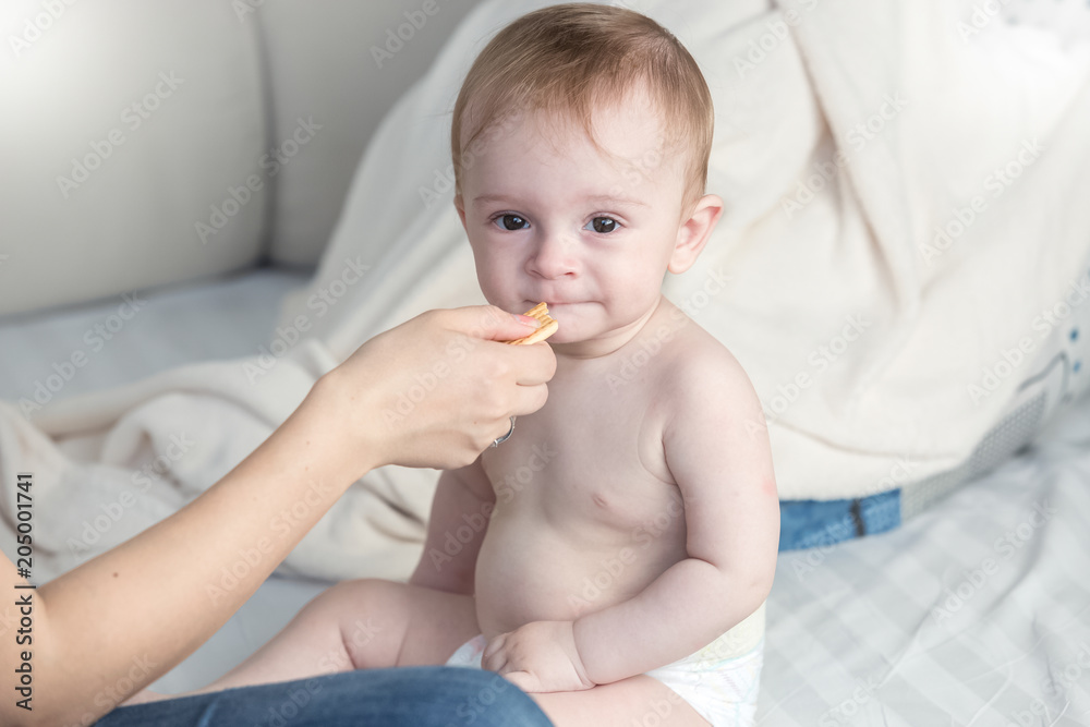 Portrait of adorable 9 months old baby boy eating cookie on bed Portrait of adorable 9 months old baby boy eating cookie on bed