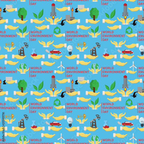 Fototapeta Naklejka Na Ścianę i Meble -  seamless pattern flat_2_ of elements for design palm holds various items of human activities the theme for world environment day, the background is isolated