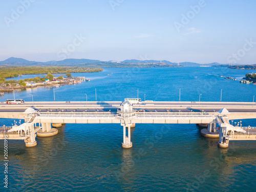 Aerial view of Sarasin Bridge, The bridge is a between Phang Nga and Phuket