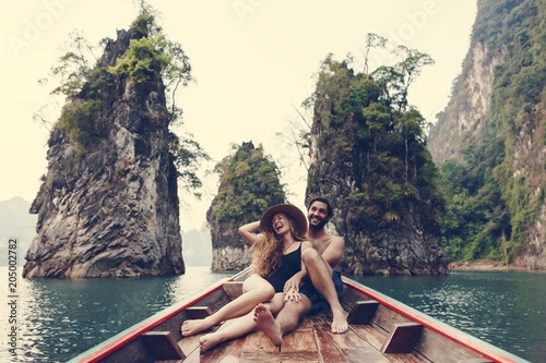 Couple boating on a quiet lake