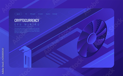 Isometric GPU mining landing page concept. Mining crypto currency, video card server farm, data processing unit equipment on ultraviolet background. Vector 3d isometric illustration