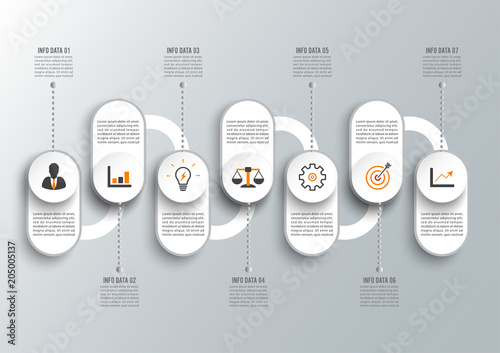 Infographic design template and marketing icons. Template for diagram, graph, presentation and round chart. Business concept with 7 options, parts, steps or processes. Data visualization.