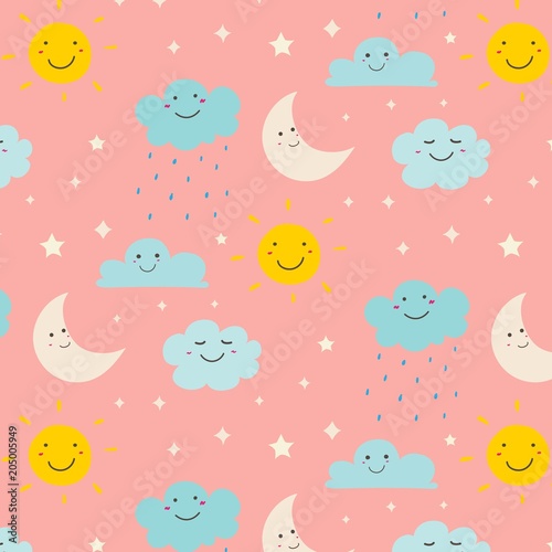 Smiling Cute Clouds Pattern Background. Vector Illustration.