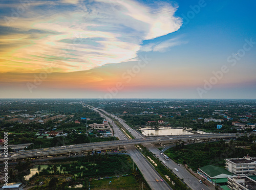 The streets around the city with evening light are high angle shots.