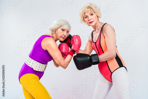 side view of senior sportswomen in boxing gloves training and looking at camera isolated on grey © LIGHTFIELD STUDIOS