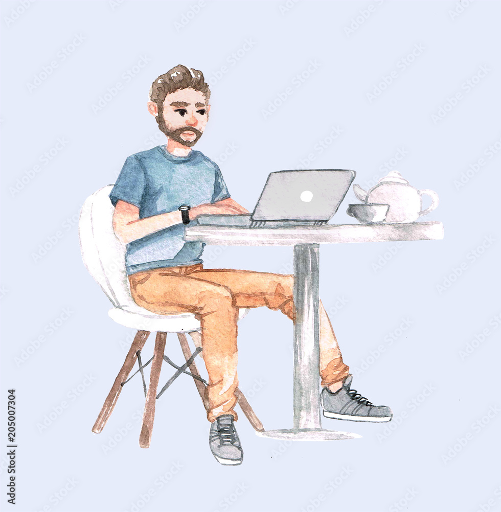 watercolor man work with laptop in cafe on freelance on grey background