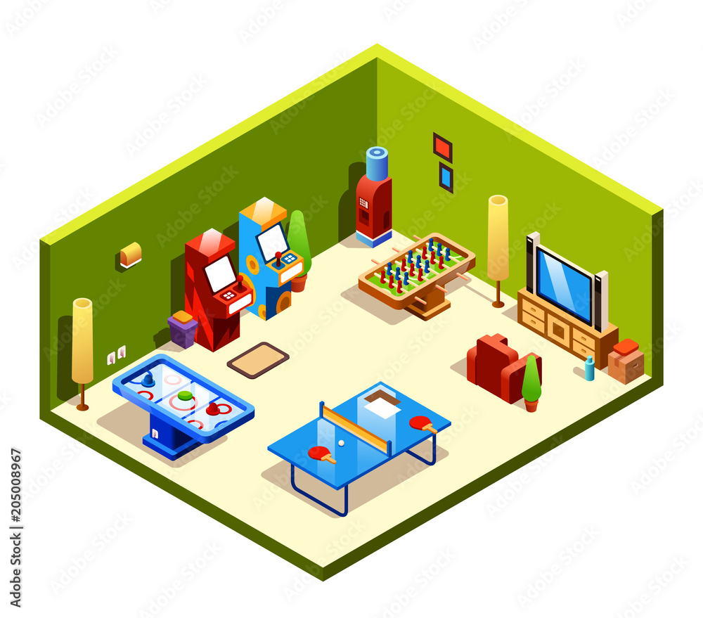 Vector isometric cross section recreation room with entertainment and amusements - table tennis or ping-pong, foosball and air hockey, TV set with cozy armchair two slot machines and cooler with water