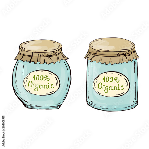 Decorative jars with jam. Pickles. Blanks for the winter. Hand drawing. For your design. Bright.