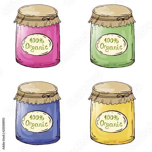 Decorative jars with jam. Pickles. Blanks for the winter. Hand drawing. For your design. Bright.