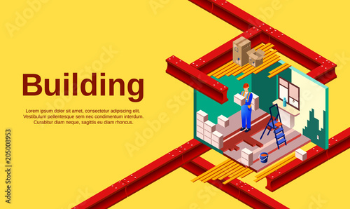 Building vector illustration of room construction technology and builder work in cross section. Poster for real estate office and house build industry or worker man at brickwork and construction tools
