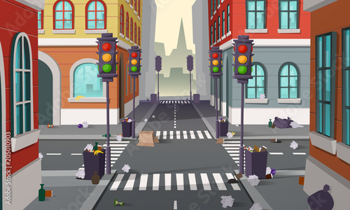 Dirty street with garbage all around, vector background. Empty city crossroad with traffic lights and buildings, with organic waste, bottles and full dustbins. Urban pollution concept illustration