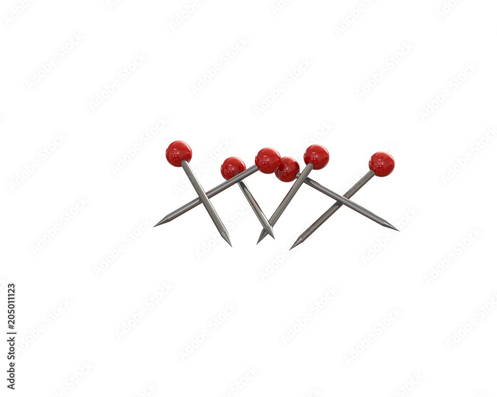 The image 3 dimensions of pins, embroidered red paper on white background