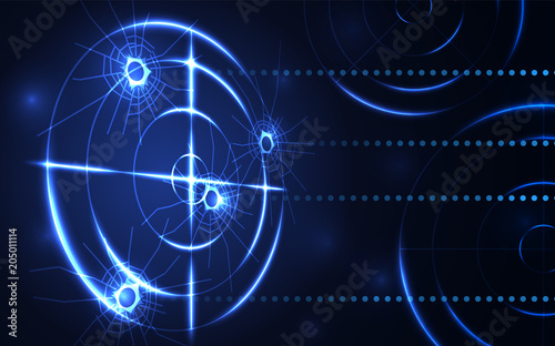 Abstract blue radar, target, shooting range with bullet hole digital technology concept.