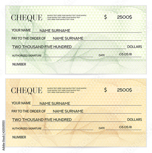 Check (cheque), Chequebook template. Guilloche pattern with watermark, spirograph. Background for banknote, money design, currency, bank note, Voucher, Gift certificate, Coupon, ticket