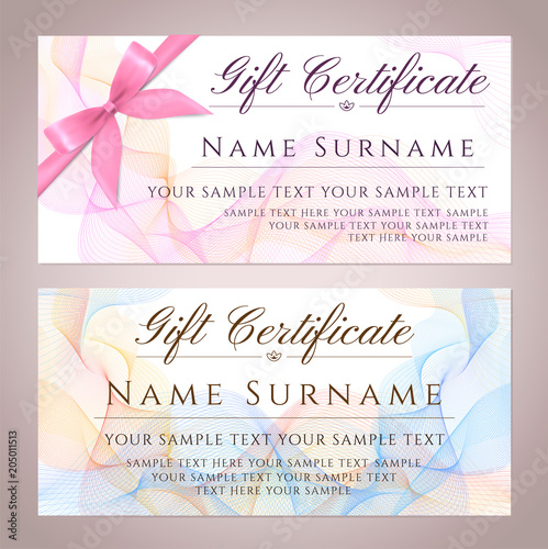 Gift certificate, Gift Voucher, Gift Coupon template. Guilloche pattern (watermark) with bow, spirograph. Background for banknote, money design, currency, bank note, Check (cheque), Chequebook 
